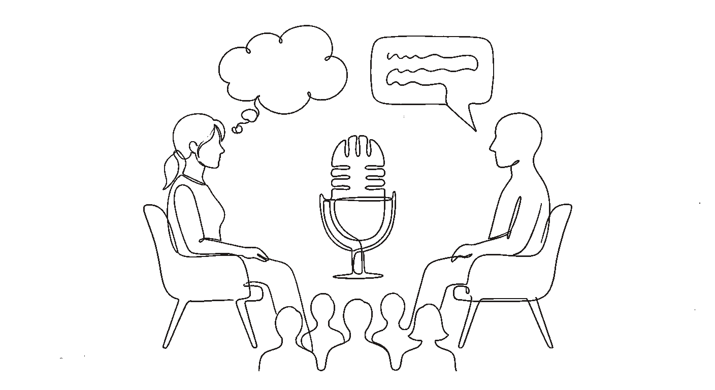 Ilustración lineal de una conversación pública para Conversaciones abiertas